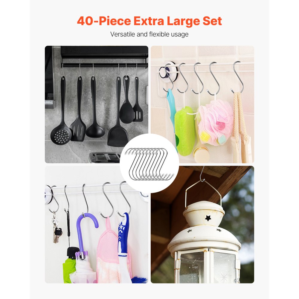 VEVOR S Hooks 40 Pack, 3.4 Inch Metal S Shaped Hangers of 22.05 LBS Load Capacity, Heavy Duty Stainless Steel Hanging Hooks for Hanging Plants, Jeans, Clothes in Garden, Closet, Kitchen, Bathroom
