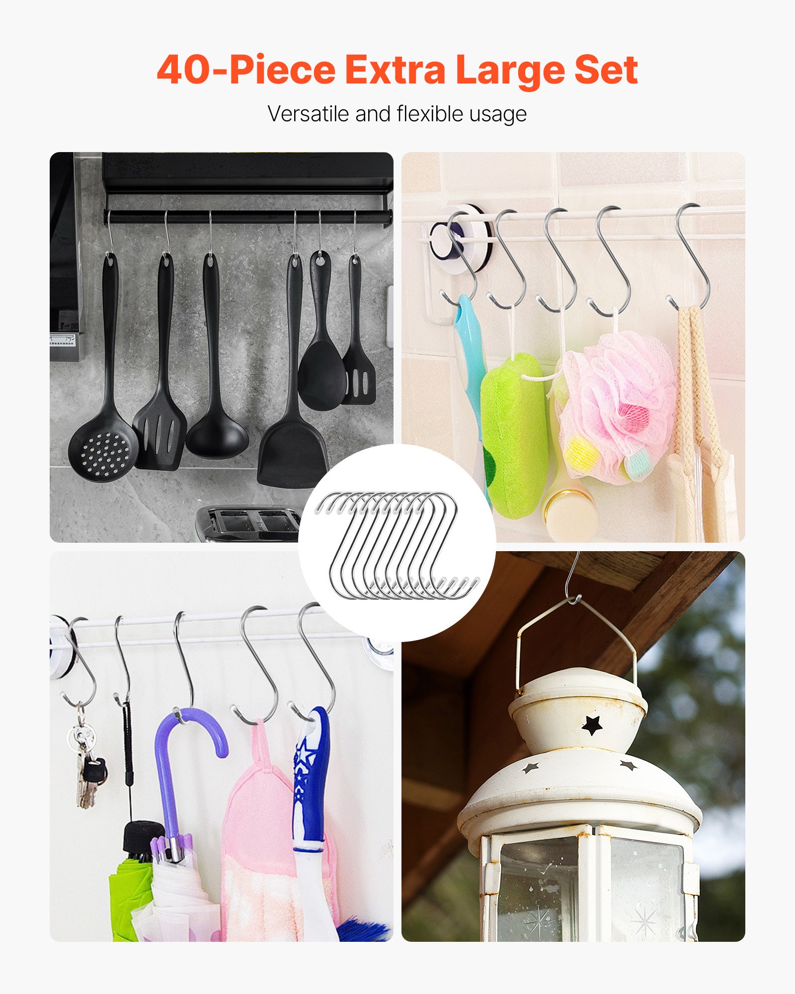 VEVOR S Hooks 40 Pack, 3.4 Inch Metal S Shaped Hangers of 22.05 LBS Load Capacity, Heavy Duty Stainless Steel Hanging Hooks for Hanging Plants, Jeans, Clothes in Garden, Closet, Kitchen, Bathroom