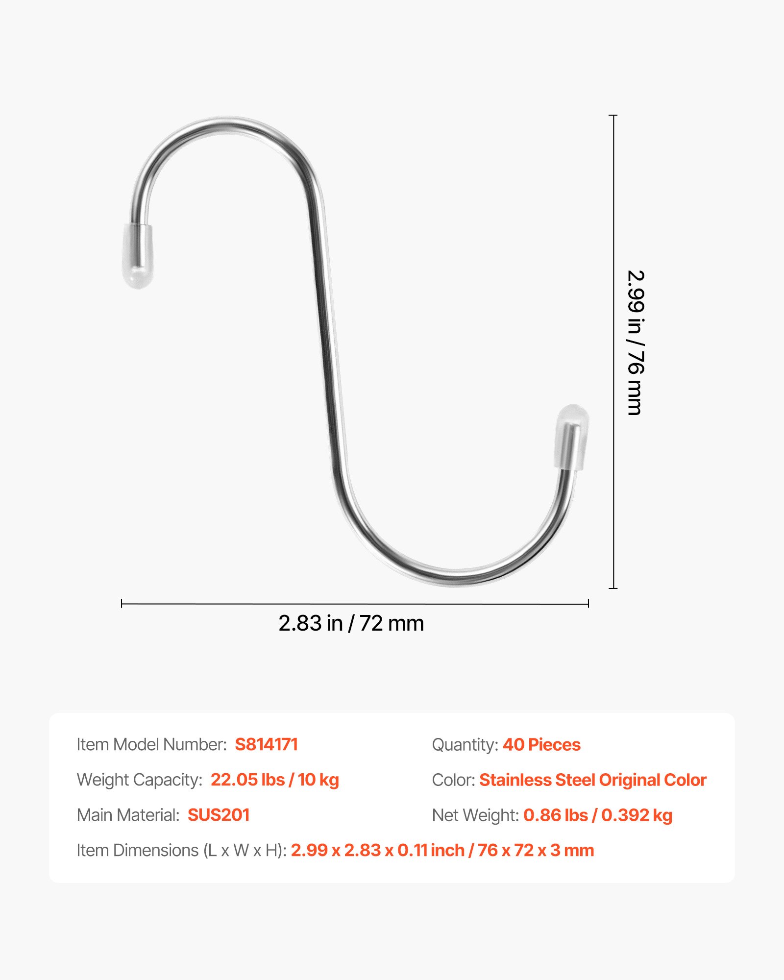 VEVOR S Hooks 40 Pack, 3.4 Inch Metal S Shaped Hangers of 22.05 LBS Load Capacity, Heavy Duty Stainless Steel Hanging Hooks for Hanging Plants, Jeans, Clothes in Garden, Closet, Kitchen, Bathroom