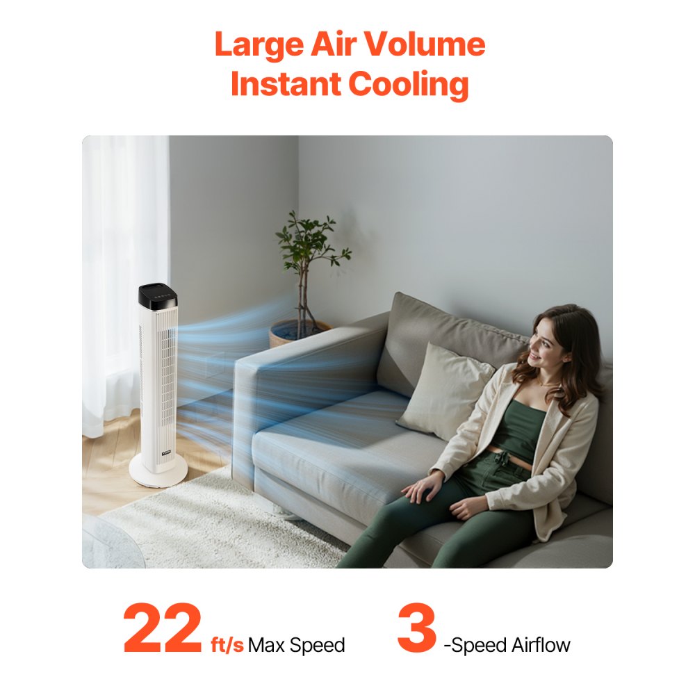 VEVOR Tower Fan, 22 ft/s Velocity Quiet Floor Fan, 70° Oscillating Fans for Indoors with 3 Speeds, 4 Modes, 12H Timer, Portable Standing Bladeless Fan with Remote Control for Bedroom, Office, Home