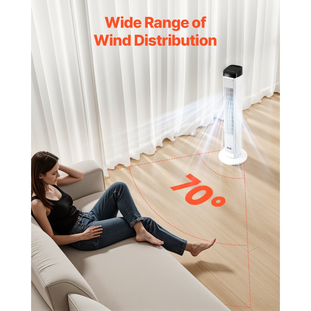 VEVOR Tower Fan, 22 ft/s Velocity Quiet Floor Fan, 70° Oscillating Fans for Indoors with 3 Speeds, 4 Modes, 12H Timer, Portable Standing Bladeless Fan with Remote Control for Bedroom, Office, Home