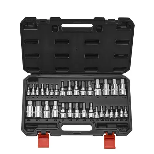 VEVOR Hex Bit Socket Set, 32-Piece, S2 Alloy Steel and Cr-V Steel, Standard SAE and Metric, 1/4 in, 3/8 in, and 1/2 in Drives, with Enhanced Storage Case, Allen Socket Set for Mechanics, Auto Repair