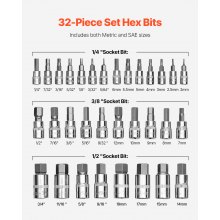 Hex Bit Socket Set 32-Piece S2 Alloy Steel Cr-V Steel Standard SAE and Metric