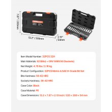 Hex Bit Socket Set 32-Piece S2 Alloy Steel Cr-V Steel Standard SAE and Metric