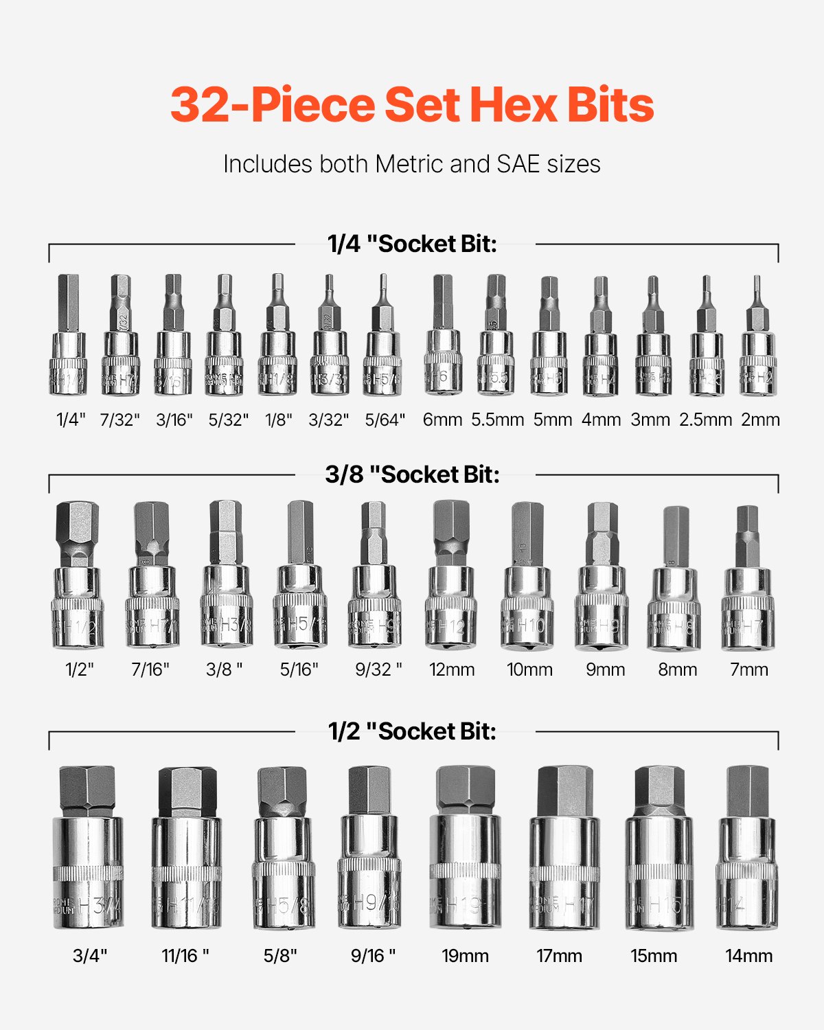 Hex Bit Socket Set 32-Piece S2 Alloy Steel Cr-V Steel Standard SAE and Metric