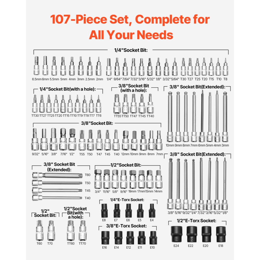 VEVOR Bit Socket Set, 107-Piece SAE and Metric, Hex/Torx/External Torx/Tamper-Proof/Extra Long, S2 Alloy Steel and Cr-V Steel, 1/4 in, 3/8 in, and 1/2 in Drives, with Enhanced Storage Case, Hand Use