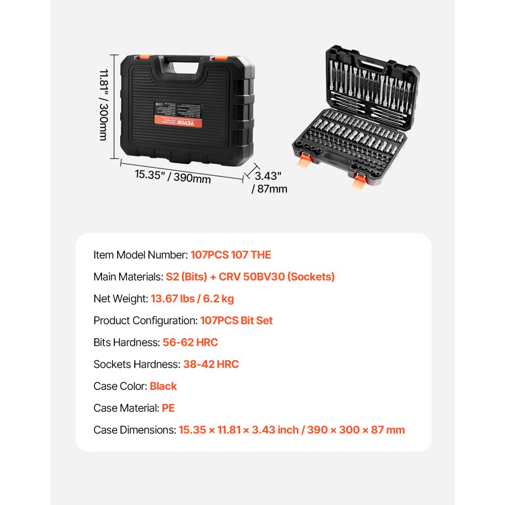 VEVOR Bit Socket Set, 107-Piece SAE and Metric, Hex/Torx/External Torx/Tamper-Proof/Extra Long, S2 Alloy Steel and Cr-V Steel, 1/4 in, 3/8 in, and 1/2 in Drives, with Enhanced Storage Case, Hand Use