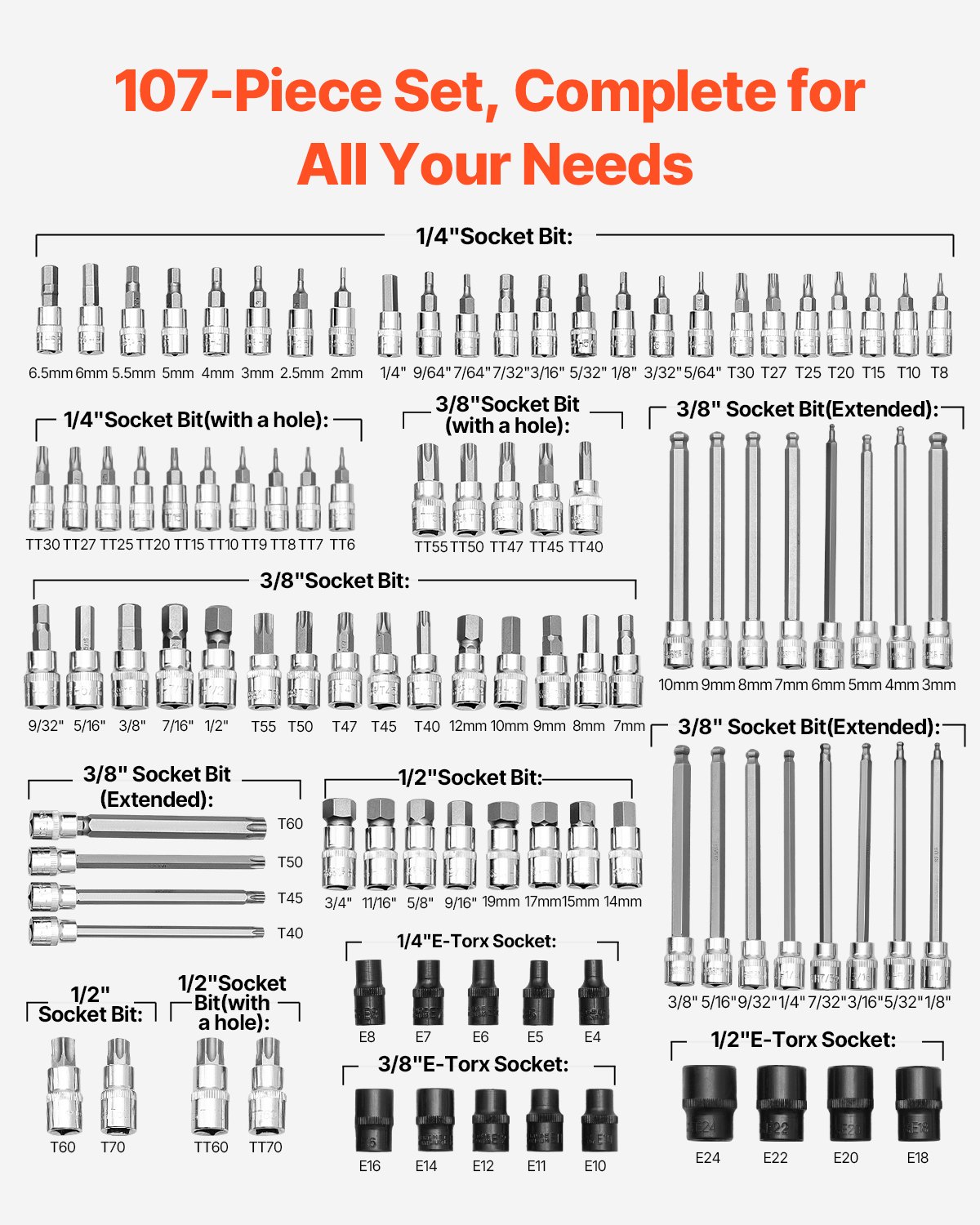VEVOR Bit Socket Set, 107-Piece SAE and Metric, Hex/Torx/External Torx/Tamper-Proof/Extra Long, S2 Alloy Steel and Cr-V Steel, 1/4 in, 3/8 in, and 1/2 in Drives, with Enhanced Storage Case, Hand Use