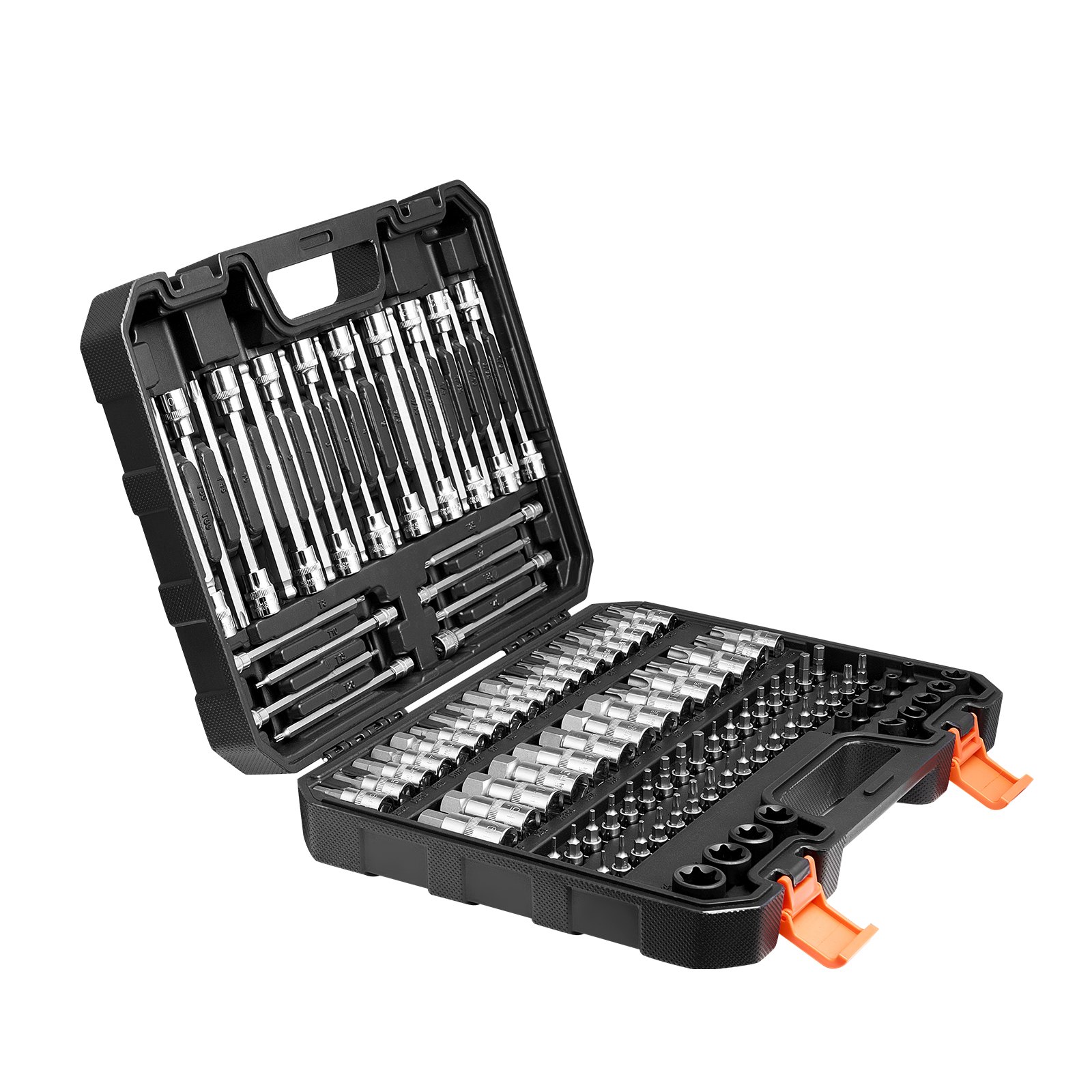VEVOR Bit Socket Set, 107-Piece SAE and Metric, Hex/Torx/External Torx/Tamper-Proof/Extra Long, S2 Alloy Steel and Cr-V Steel, 1/4 in, 3/8 in, and 1/2 in Drives, with Enhanced Storage Case, Hand Use