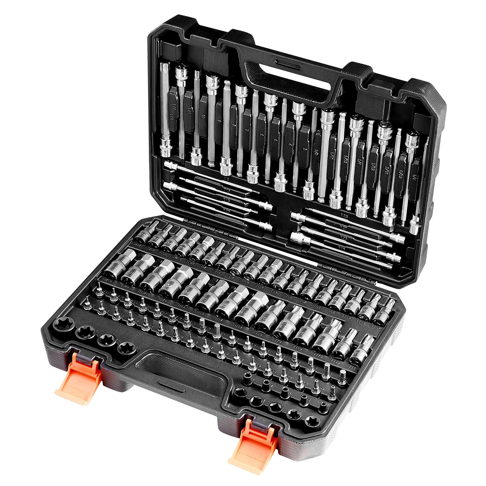 VEVOR Bit Socket Set, 107-Piece SAE and Metric, Hex/Torx/External Torx/Tamper-Proof/Extra Long, S2 Alloy Steel and Cr-V Steel, 1/4 in, 3/8 in, and 1/2 in Drives, with Enhanced Storage Case, Hand Use