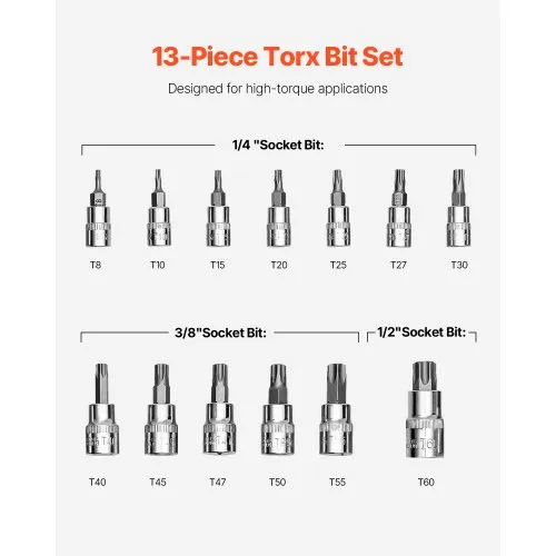 Torx padrunotsikute komplekt, 13-osaline, T8-T60, 1/4", 3/8", 1/2" — pilt 3