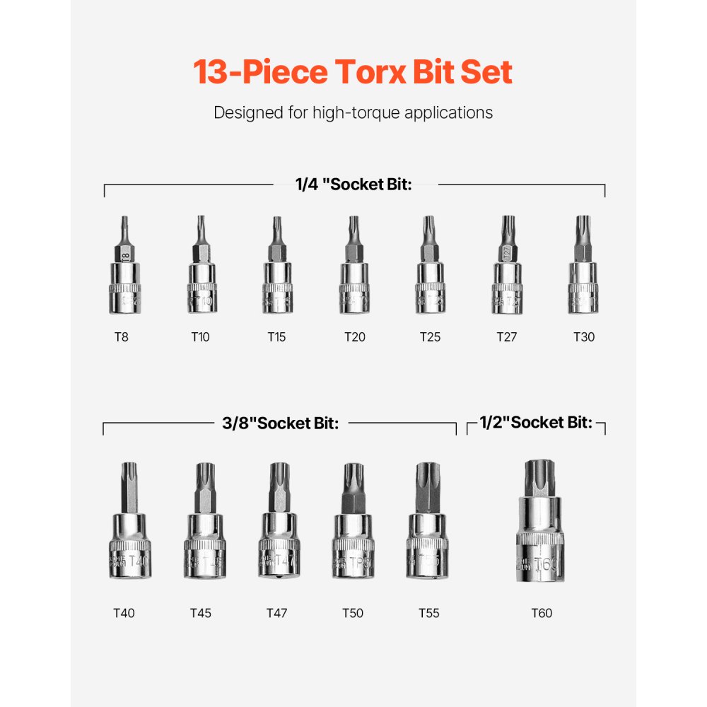 VEVOR Torx Bit Socket Set, 13-Piece Star T8 - T60 Set, S2 Alloy Steel and Cr-V Steel, 1/4 in, 3/8 in, and 1/2 in Drives, with Enhanced Storage Case, Torx Sockets for Hand Use, Mechanics, Auto Repair
