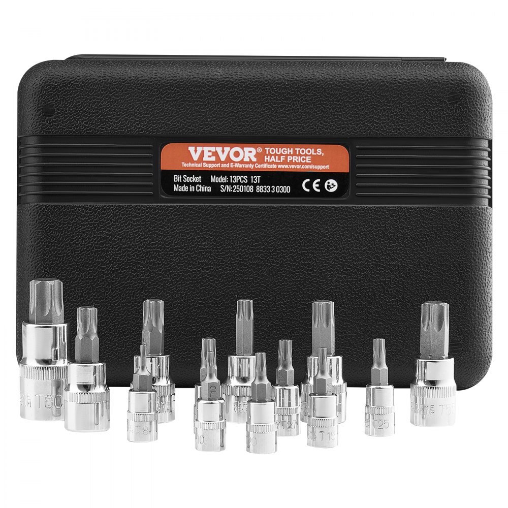 VEVOR Torx Bit Socket Set, 13-Piece Star T8 - T60 Set, S2 Alloy Steel and Cr-V Steel, 1/4 in, 3/8 in, and 1/2 in Drives, with Enhanced Storage Case, Torx Sockets for Hand Use, Mechanics, Auto Repair