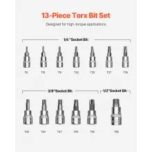 Torx Bit Socket Set 13-Piece Star T8 - T60 Set S2 Alloy Steel and Cr-V Steel