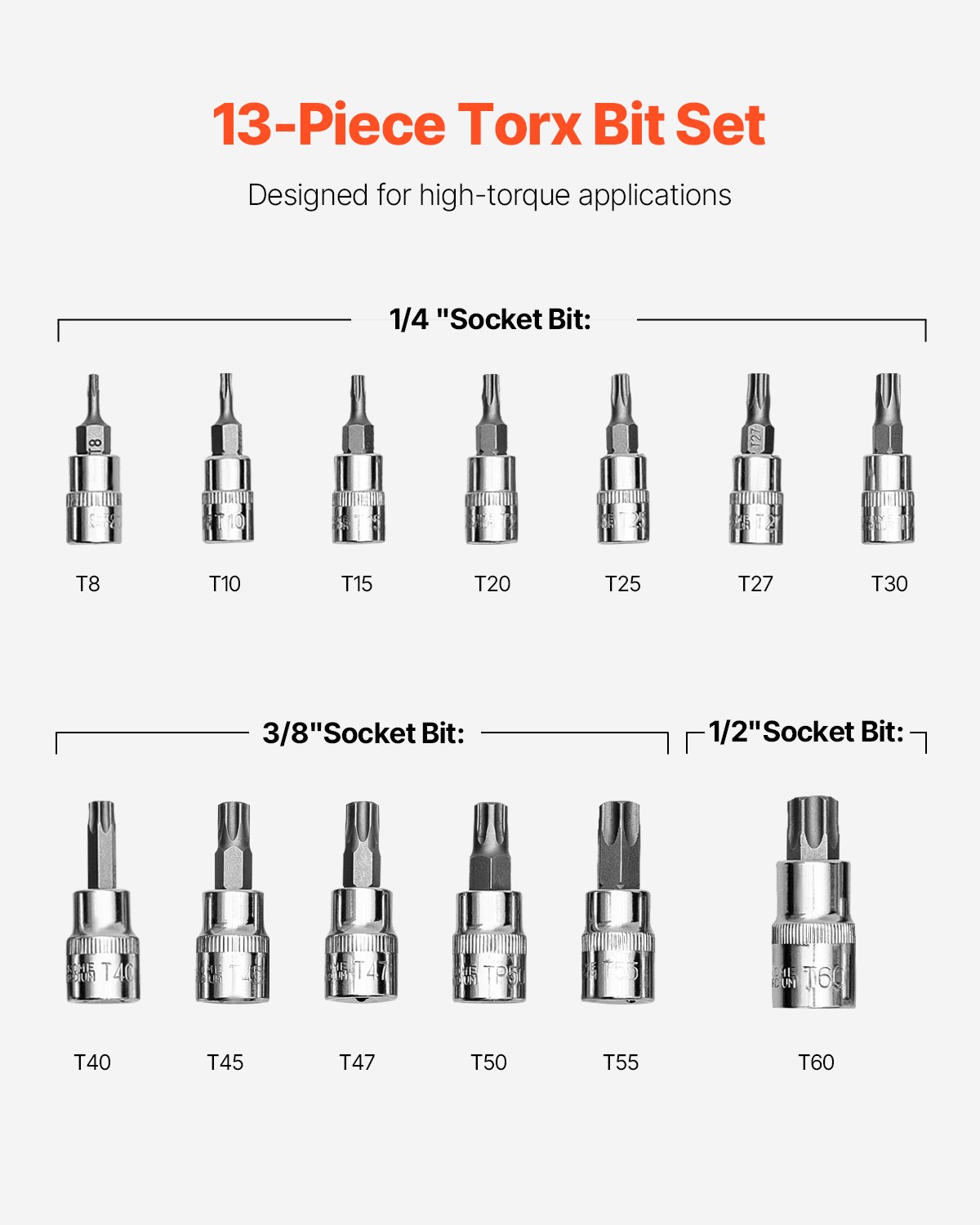 VEVOR Torx Bit Socket Set, 13-Piece Star T8 - T60 Set, S2 Alloy Steel and Cr-V Steel, 1/4 in, 3/8 in, and 1/2 in Drives, with Enhanced Storage Case, Torx Sockets for Hand Use, Mechanics, Auto Repair