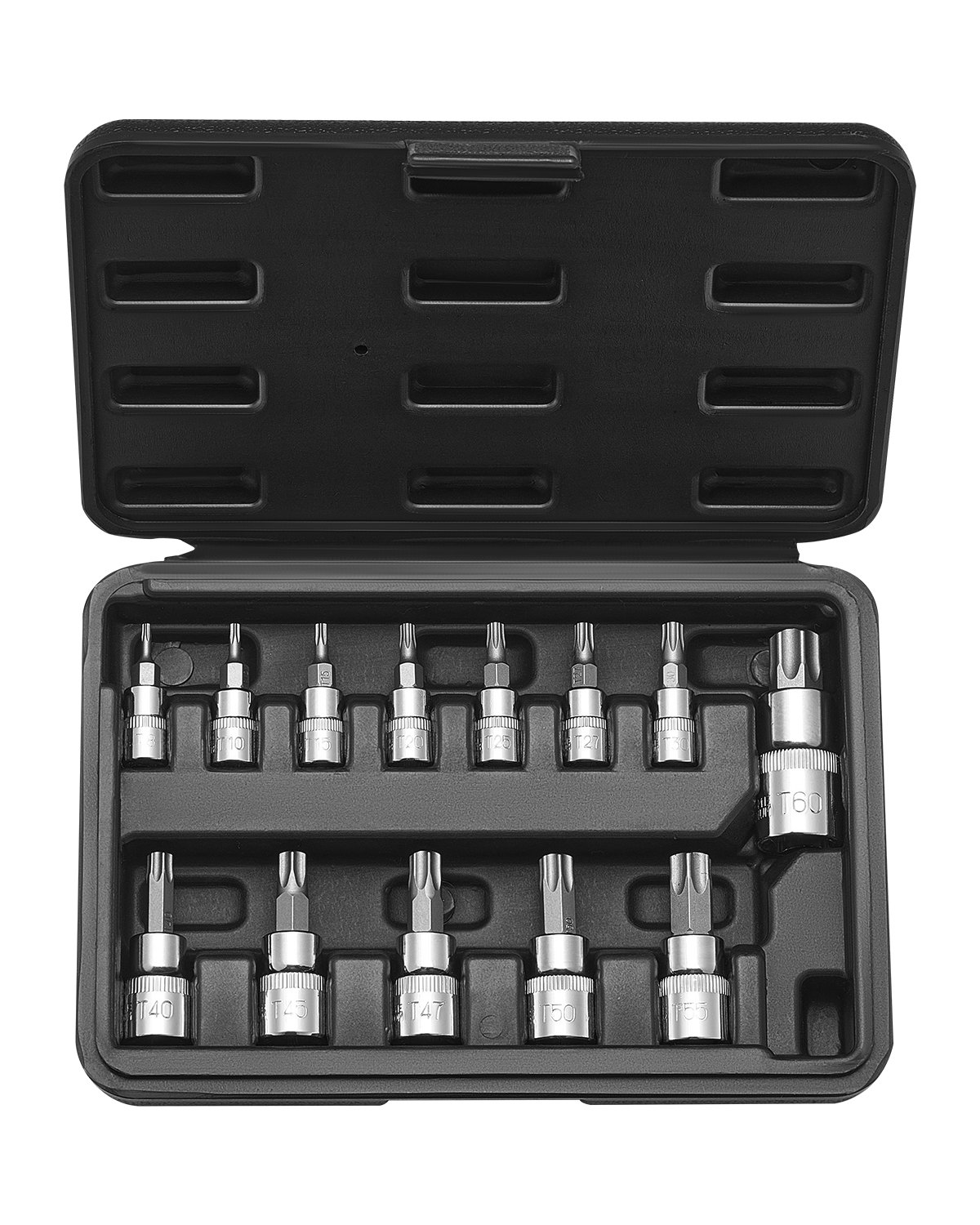 VEVOR Torx Bit Socket Set, 13-Piece Star T8 - T60 Set, S2 Alloy Steel and Cr-V Steel, 1/4 in, 3/8 in, and 1/2 in Drives, with Enhanced Storage Case, Torx Sockets for Hand Use, Mechanics, Auto Repair