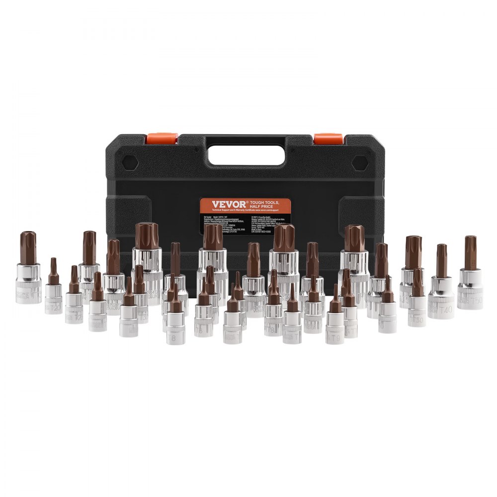 VEVOR Torx Bit Socket Set, 34-Piece Solid Star and Tamper Proof T6-T70, S2 Alloy Steel and Cr-V Steel, 1/4 in, 3/8 in, and 1/2 in Drives, with Enhanced Storage Case, Torx Sockets for Hand Use