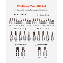 Torx Bit Socket Set 34-Piece Solid Star and Tamper Proof T6-T70 S2 Alloy Steel