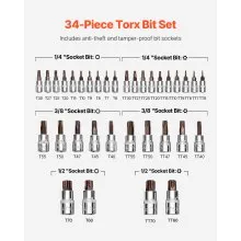 Torx Bit Socket Set 34-Piece Solid Star and Tamper Proof T6-T70 S2 Alloy Steel