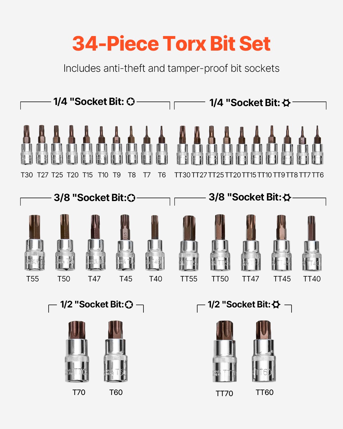 VEVOR Torx Bit Socket Set, 34-Piece Solid Star and Tamper Proof T6-T70, S2 Alloy Steel and Cr-V Steel, 1/4 in, 3/8 in, and 1/2 in Drives, with Enhanced Storage Case, Torx Sockets for Hand Use