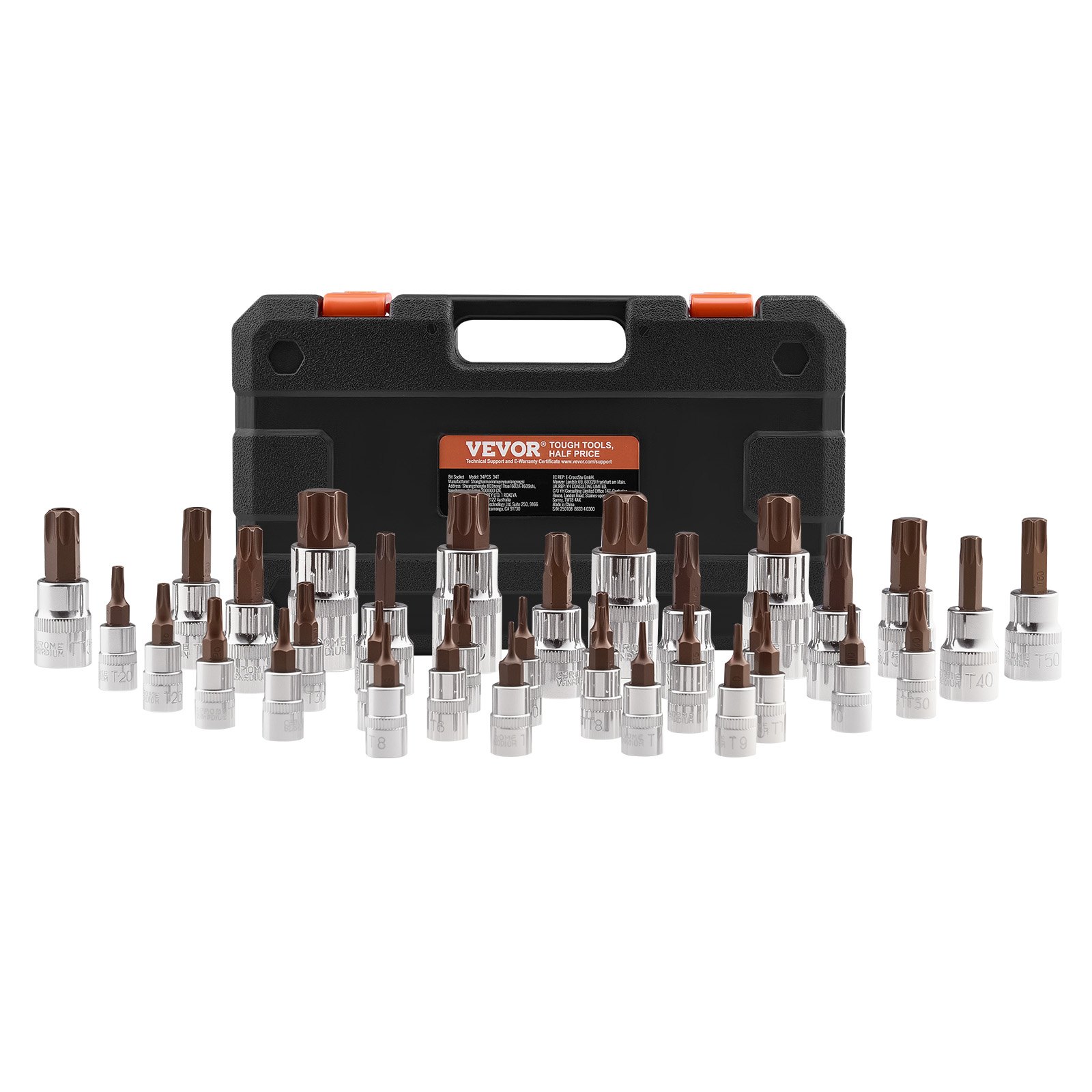 VEVOR Torx Bit Socket Set, 34-Piece Solid Star and Tamper Proof T6-T70, S2 Alloy Steel and Cr-V Steel, 1/4 in, 3/8 in, and 1/2 in Drives, with Enhanced Storage Case, Torx Sockets for Hand Use