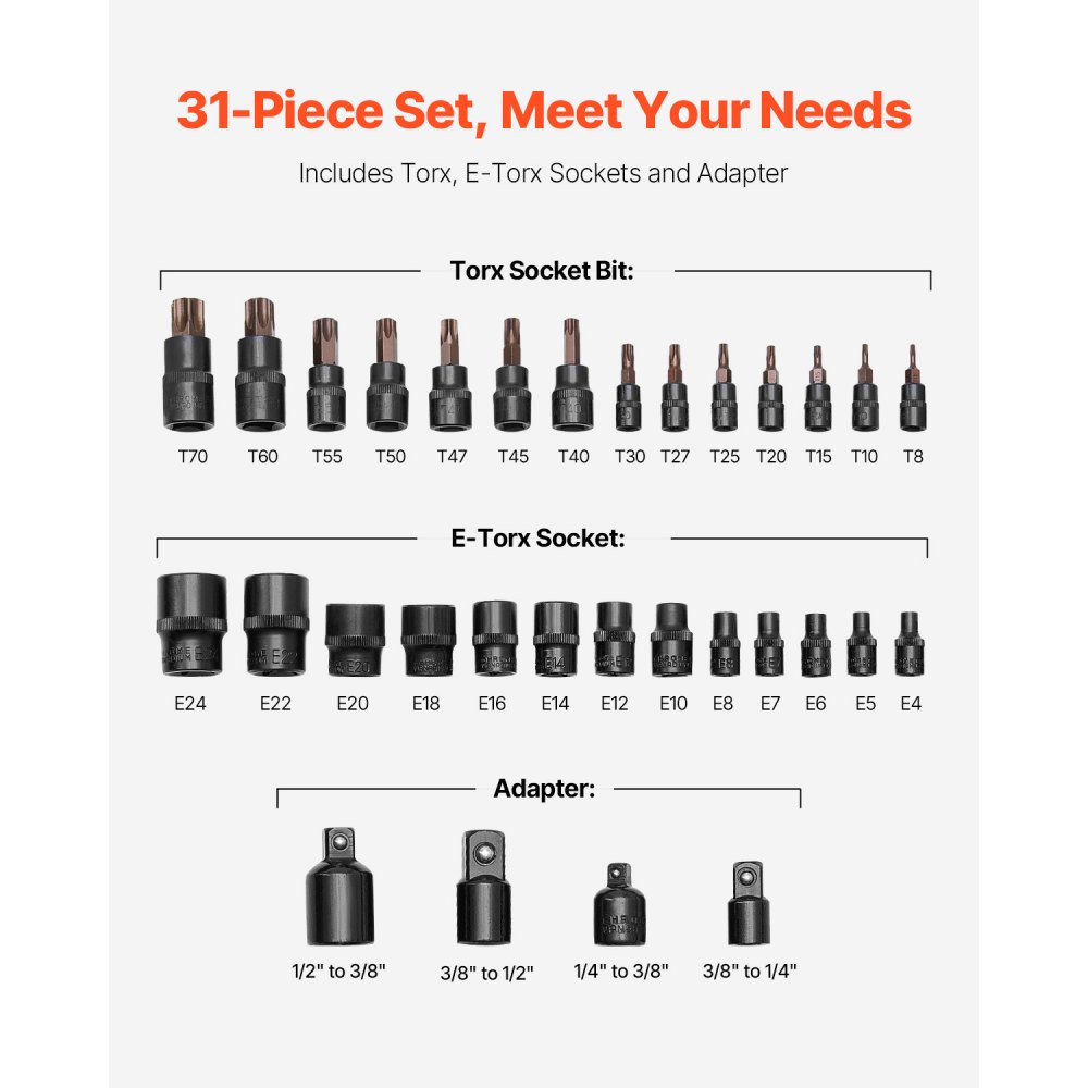 VEVOR Torx Bit Socket and External Torx Socket Set, 31-Piece T8-T70 and E4-E24, S2 Alloy Steel and Cr-V Steel, 1/4 in, 3/8 in, and 1/2 in Drives, with Adapter and Enhanced Storage Case, for Automotive