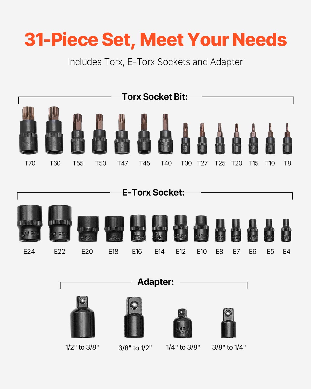 VEVOR Torx Bit Socket and External Torx Socket Set, 31-Piece T8-T70 and E4-E24, S2 Alloy Steel and Cr-V Steel, 1/4 in, 3/8 in, and 1/2 in Drives, with Adapter and Enhanced Storage Case, for Automotive