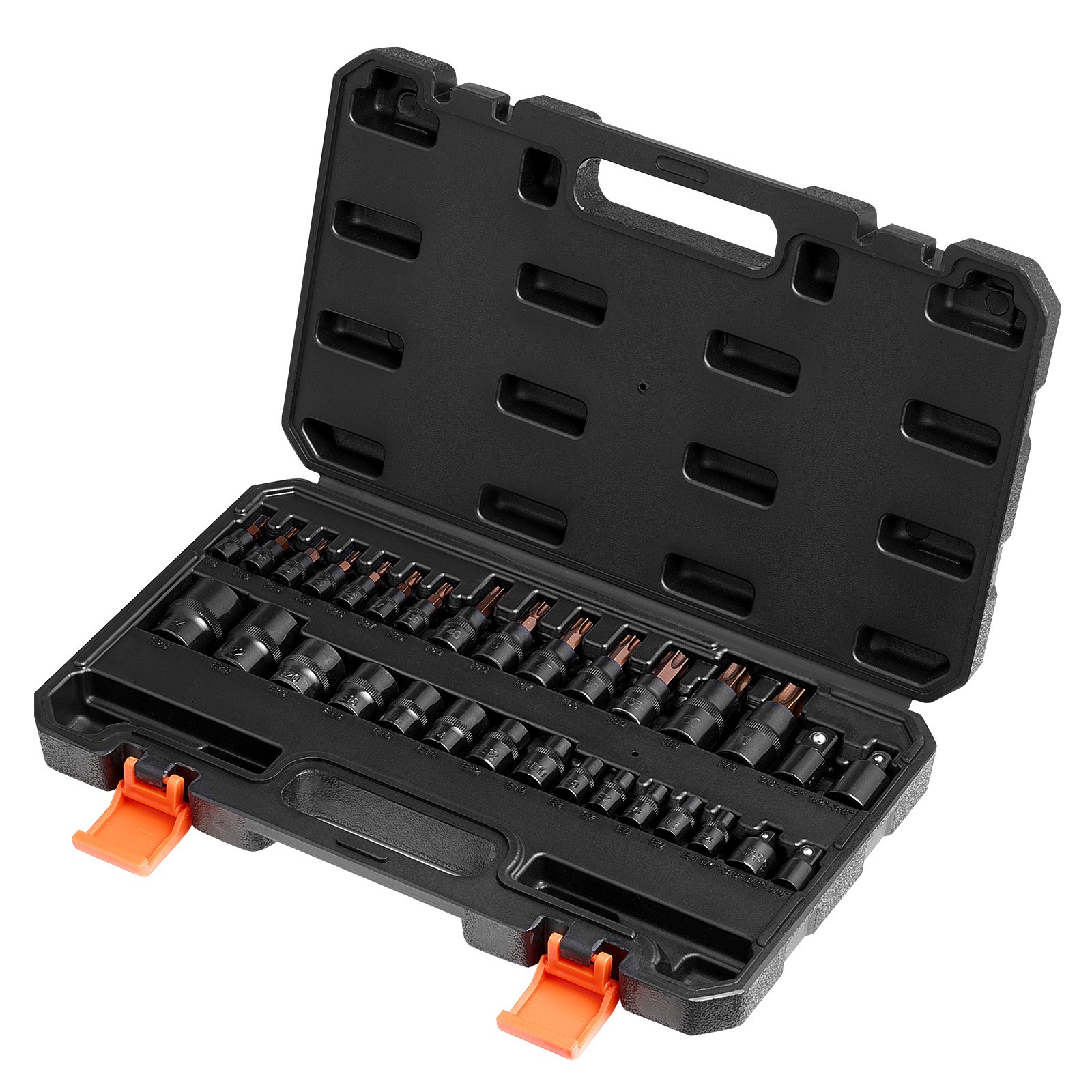 VEVOR Torx Bit Socket and External Torx Socket Set, 31-Piece T8-T70 and E4-E24, S2 Alloy Steel and Cr-V Steel, 1/4 in, 3/8 in, and 1/2 in Drives, with Adapter and Enhanced Storage Case, for Automotive