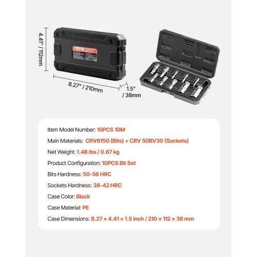 XZN Triple Square Spline Bit Socket Set - 10-Piece M4 To M18, Premium S2 & Cr-V Steel, With Storage Case