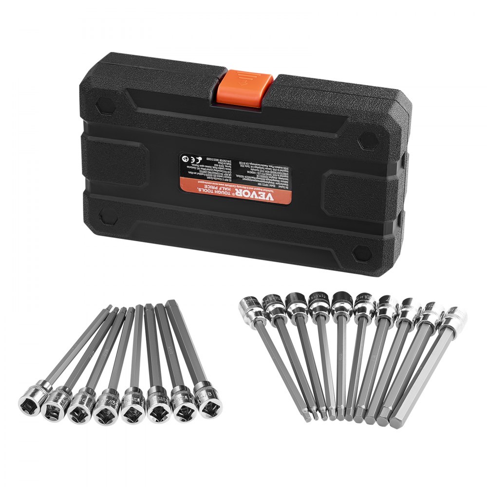 VEVOR Extra Long Allen Hex Bit Socket Set, 18-Piece 3/8 inch Drive, S2 Alloy Steel and Cr-V Steel, Standard SAE and Metric 1/8-Inch-3/8-Inch, 3-12mm, with Enhanced Storage Case, for Mechanics