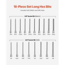 Extra Long Allen Hex Bit Socket Set 18-Piece 3/8 inch Drive S2 Alloy Steel Cr-V