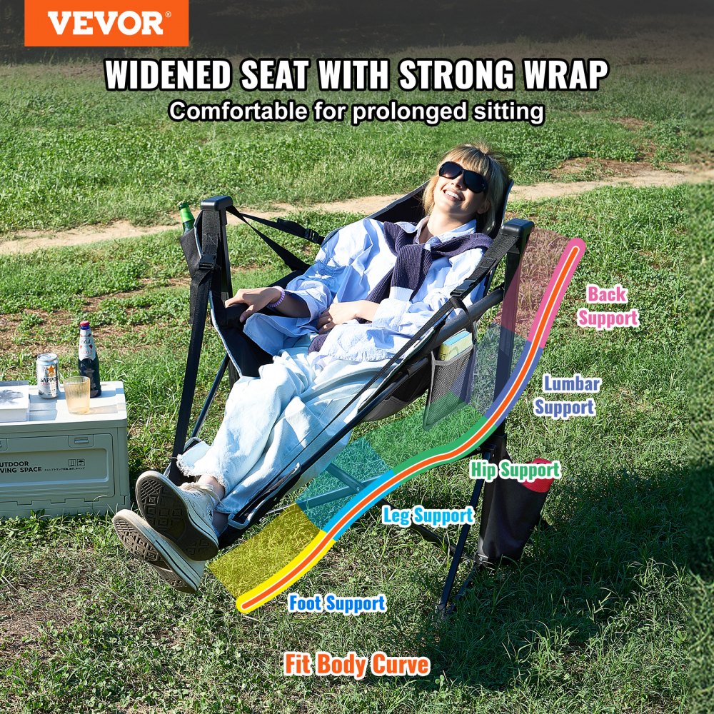 Silla de camping reclinable VEVOR, hamaca de camping con capacidad de 136 kg, mecedora plegable con reposapiés, bolsa de almacenamiento, reposacabezas y respaldo ajustable, para camping y otras actividades al aire libre.