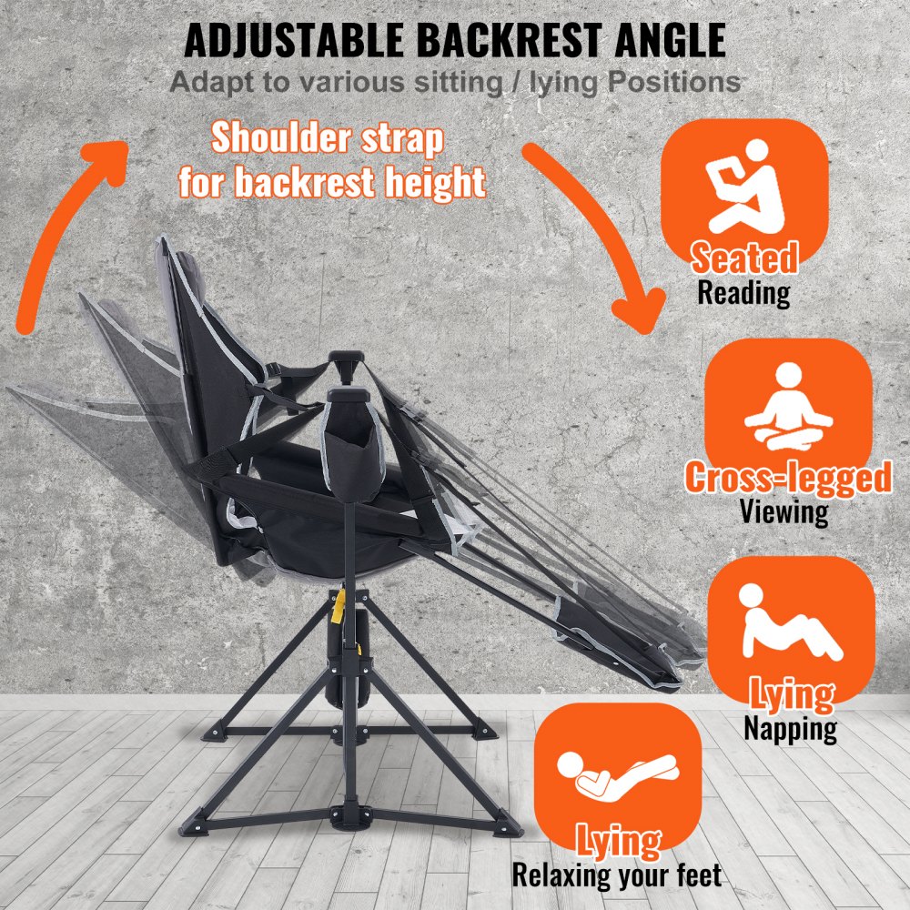 Silla de camping reclinable VEVOR, hamaca de camping con capacidad de 136 kg, mecedora plegable con reposapiés, bolsa de almacenamiento, reposacabezas y respaldo ajustable, para camping y otras actividades al aire libre.