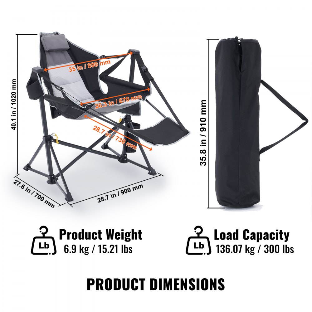 Silla de camping reclinable VEVOR, hamaca de camping con capacidad de 136 kg, mecedora plegable con reposapiés, bolsa de almacenamiento, reposacabezas y respaldo ajustable, para camping y otras actividades al aire libre.