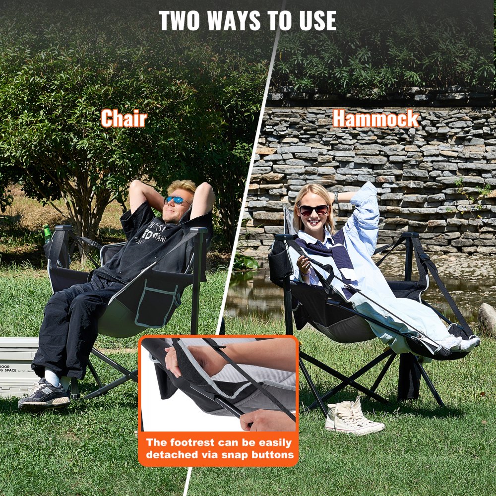 Silla de camping reclinable VEVOR, hamaca de camping con capacidad de 136 kg, mecedora plegable con reposapiés, bolsa de almacenamiento, reposacabezas y respaldo ajustable, para camping y otras actividades al aire libre.