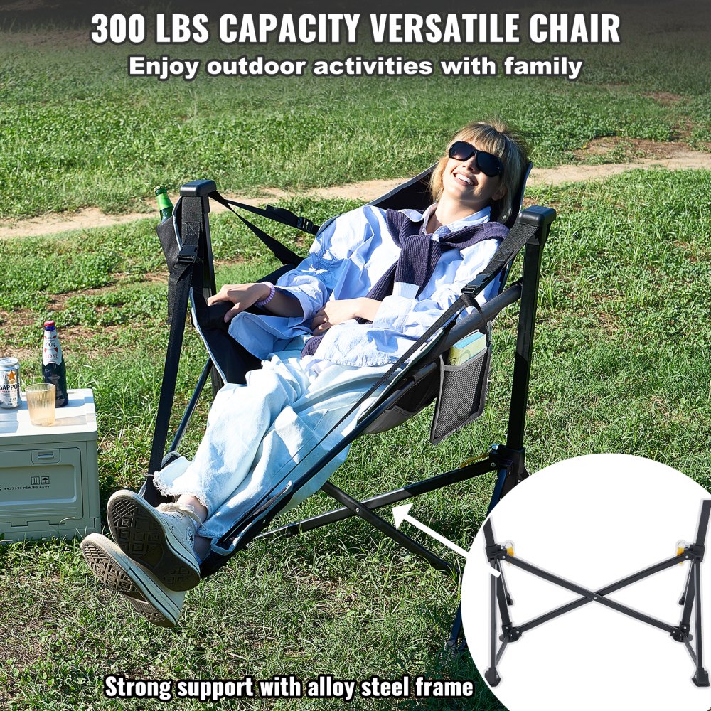 Silla de camping reclinable VEVOR, hamaca de camping con capacidad de 136 kg, mecedora plegable con reposapiés, bolsa de almacenamiento, reposacabezas y respaldo ajustable, para camping y otras actividades al aire libre.