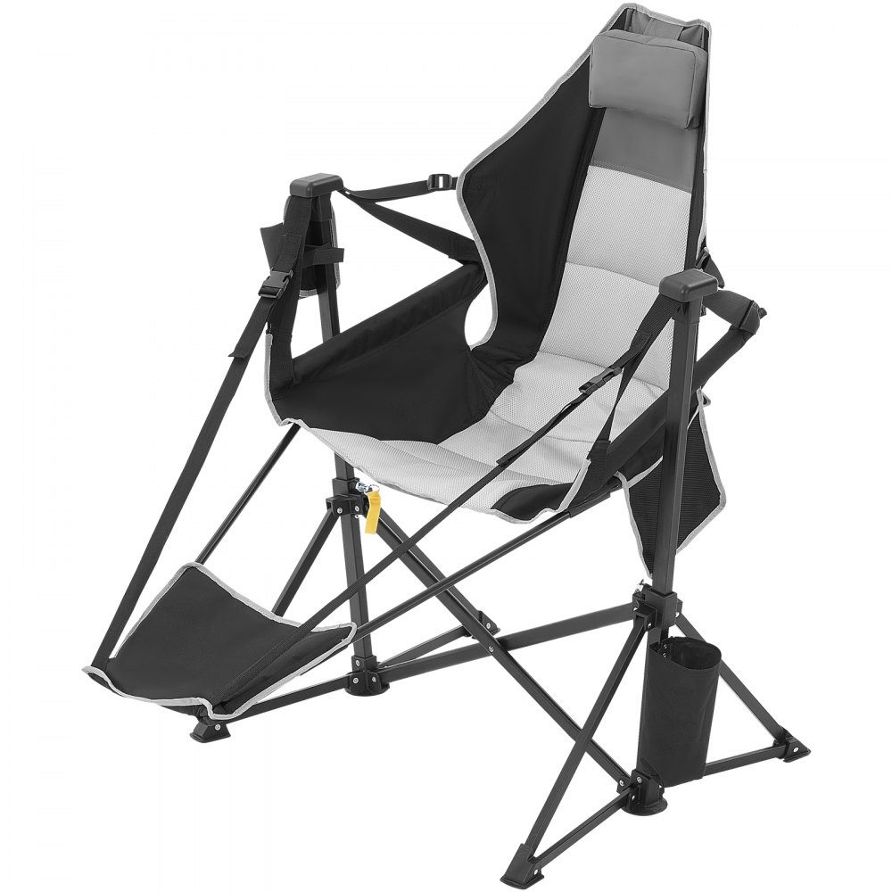 Silla de camping reclinable VEVOR, hamaca de camping con capacidad de 136 kg, mecedora plegable con reposapiés, bolsa de almacenamiento, reposacabezas y respaldo ajustable, para camping y otras actividades al aire libre.