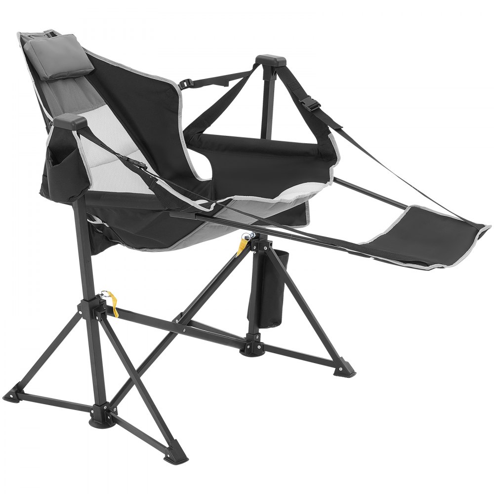 Silla de camping reclinable VEVOR, hamaca de camping con capacidad de 136 kg, mecedora plegable con reposapiés, bolsa de almacenamiento, reposacabezas y respaldo ajustable, para camping y otras actividades al aire libre.