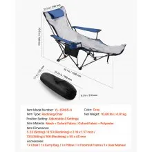 VEVOR Reclining Camping Chair Portable Folding Lounger Footrest & Cushion Blue