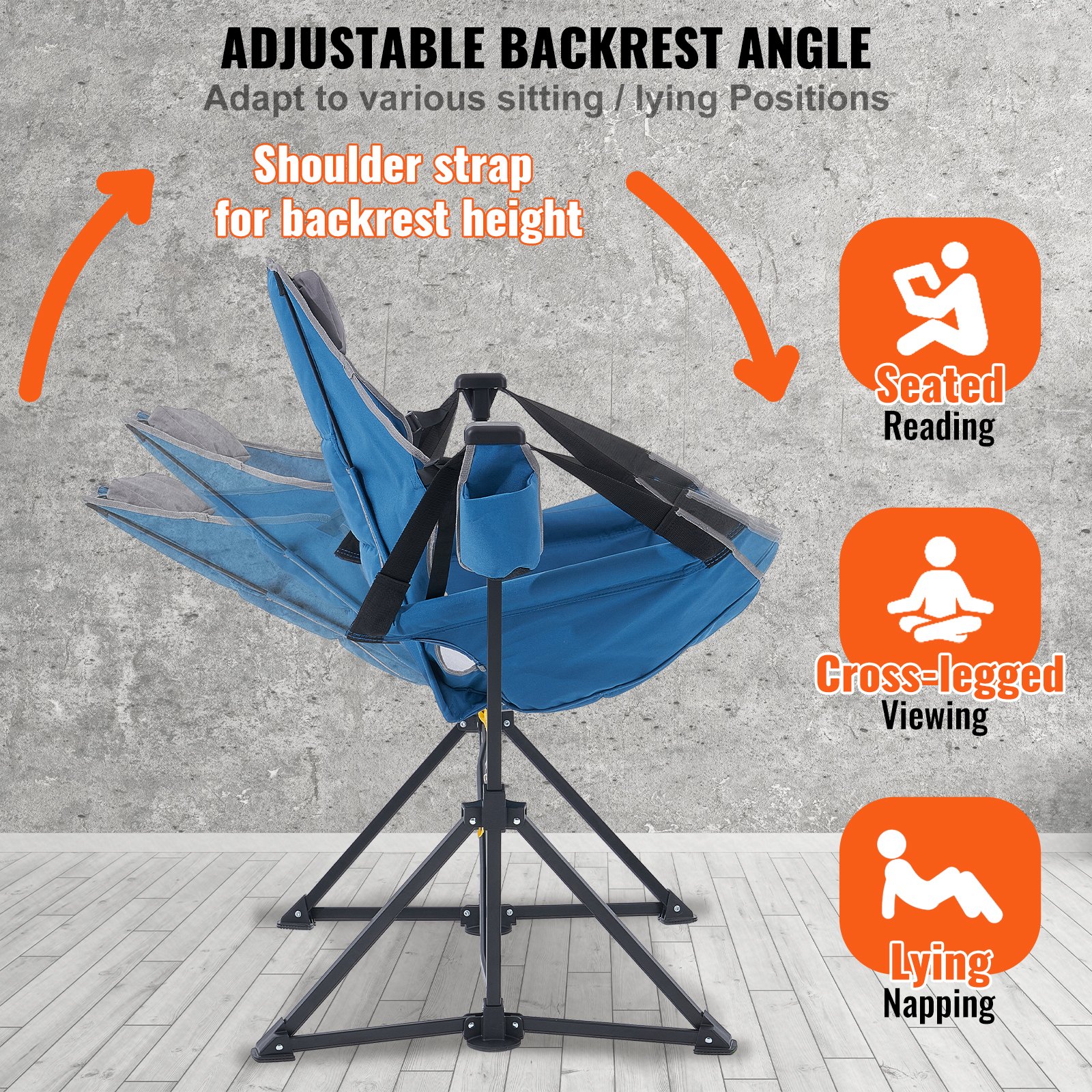 VEVOR Reclining Camping Chair, 300 lbs Load Camping Hammock Chair, Rocking Lounge Folding Chair with Cup Holder Storage Bag Headrest & Adjustable Backrest, for Camping and Other Outdoor Activities
