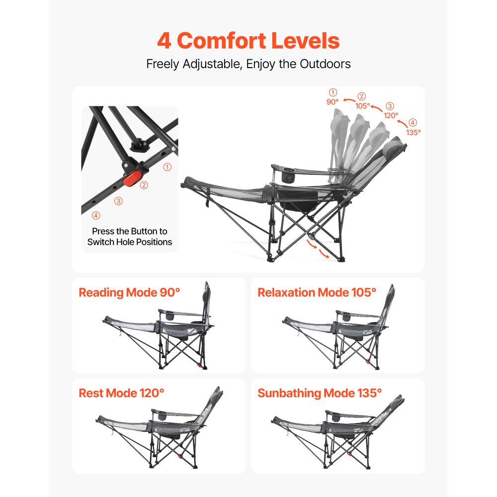 VEVOR Reclining Camping Chair, 4 Adjustable Positions, Portable Folding Lounger for Adults, Mesh Beach Chair with Headrest & Foot Rest, Supports 220 lbs, Heavy Duty Camp Chairs for Patio, Gray