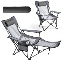 VEVOR Reclining Camping Chair, 4 Adjustable Positions, Portable Folding Lounger for Adults, Mesh Beach Chair with Headrest & Foot Rest, Supports 220 lbs, Heavy Duty Camp Chairs for Patio, Gray