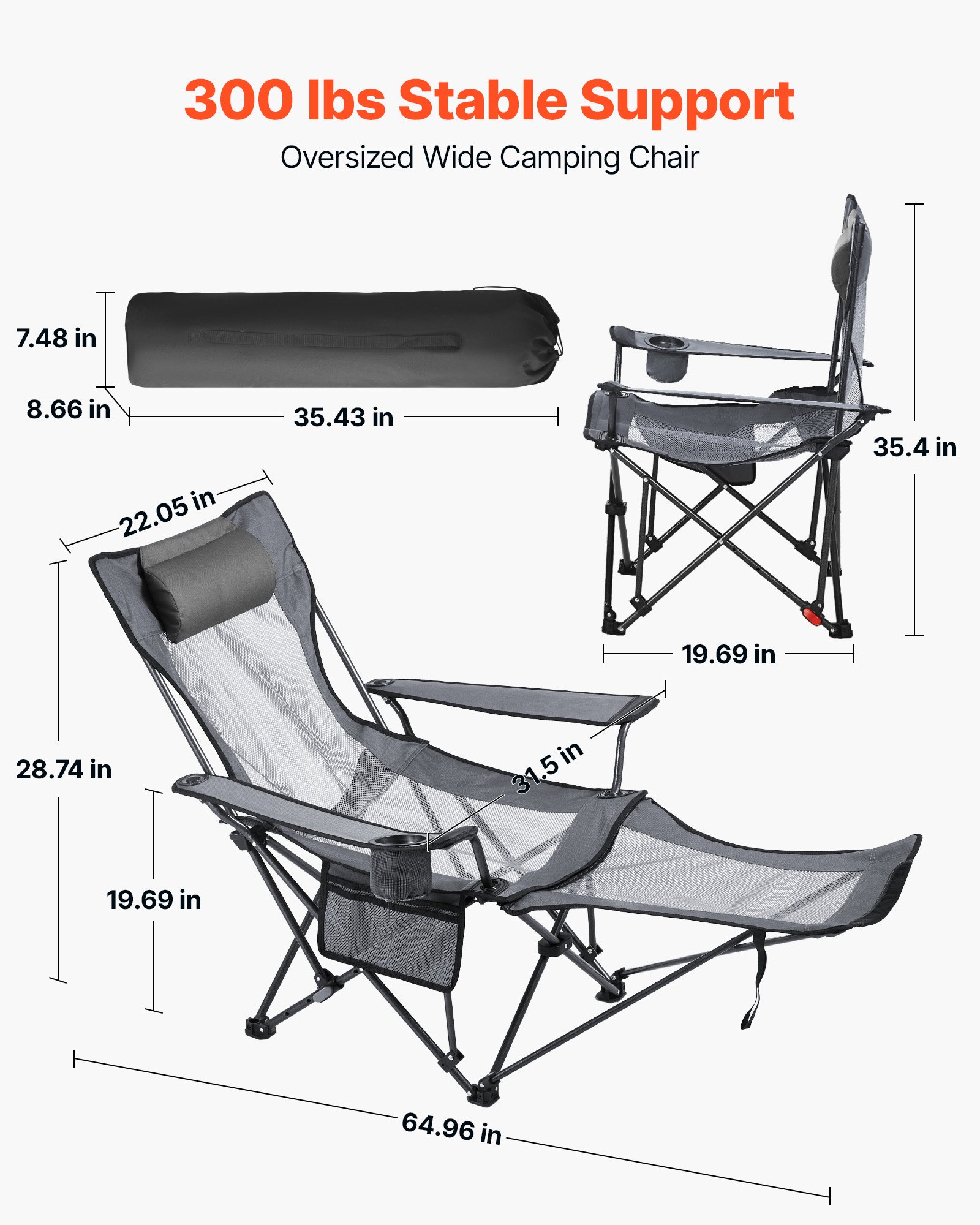 VEVOR Reclining Camping Chair, 4 Adjustable Positions, Portable Folding Lounger for Adults, Mesh Beach Chair with Headrest & Foot Rest, Supports 220 lbs, Heavy Duty Camp Chairs for Patio, Gray