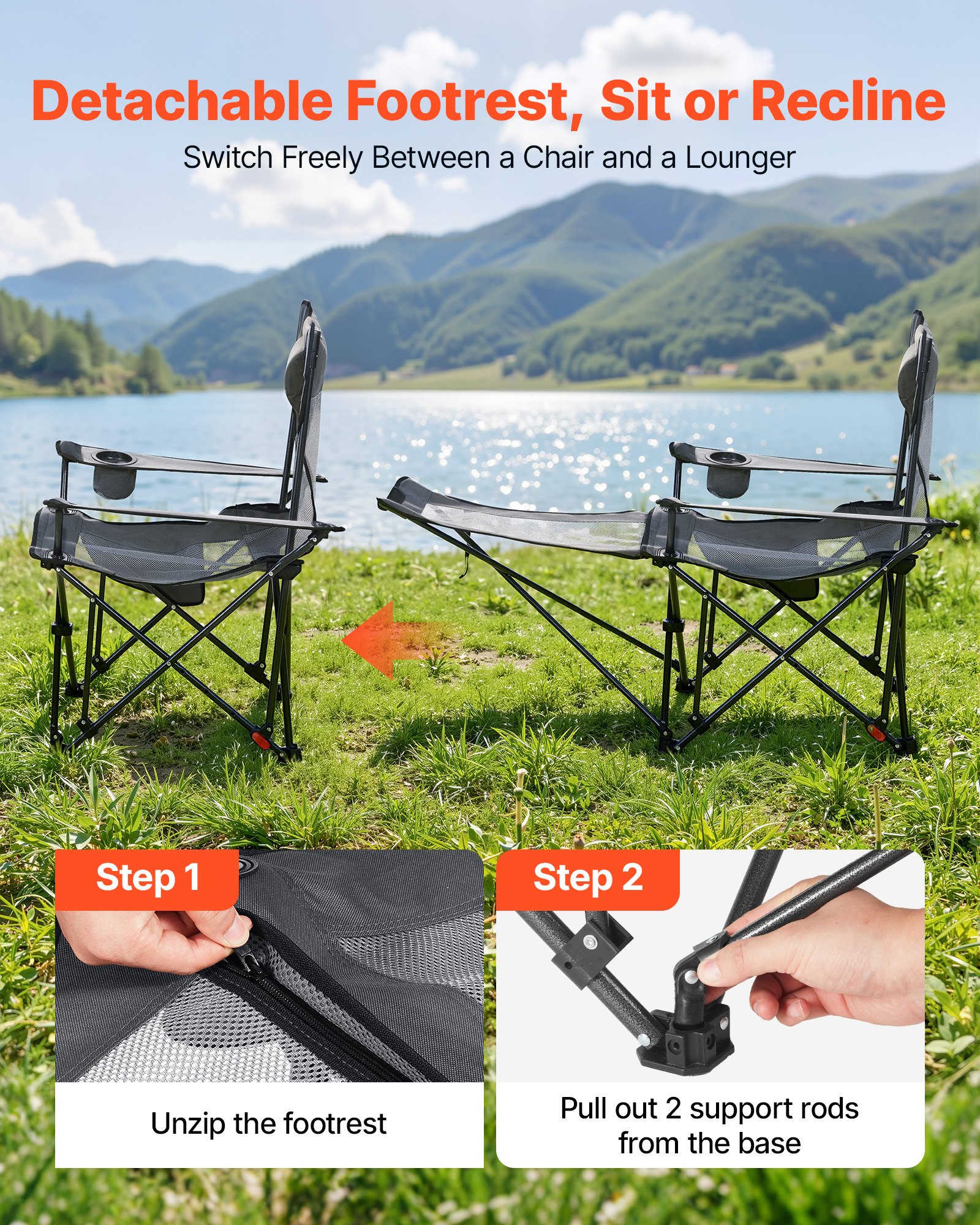 VEVOR Reclining Camping Chair, 4 Adjustable Positions, Portable Folding Lounger for Adults, Mesh Beach Chair with Headrest & Foot Rest, Supports 220 lbs, Heavy Duty Camp Chairs for Patio, Gray