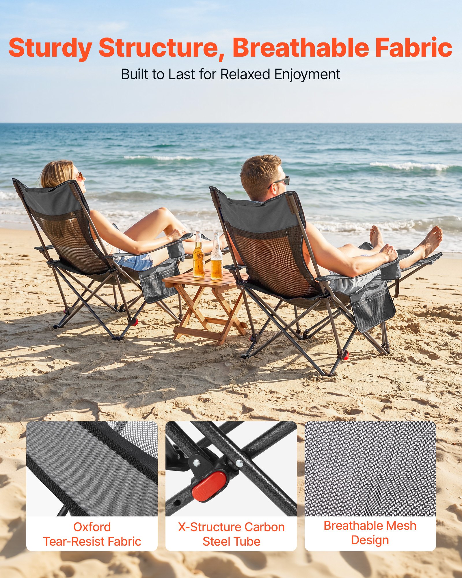 VEVOR Reclining Camping Chair, 4 Adjustable Positions, Portable Folding Lounger for Adults, Mesh Beach Chair with Headrest & Foot Rest, Supports 220 lbs, Heavy Duty Camp Chairs for Patio, Gray