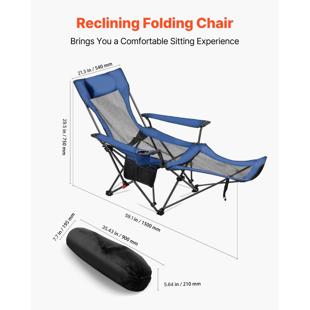 VEVOR Reclining Camping Chair, 4 Adjustable Positions, Portable Folding Lounger for Adults, Mesh Beach Chair with Headrest & Foot Rest, Supports 220 lbs, Heavy Duty Camp Chairs for Patio, Blue