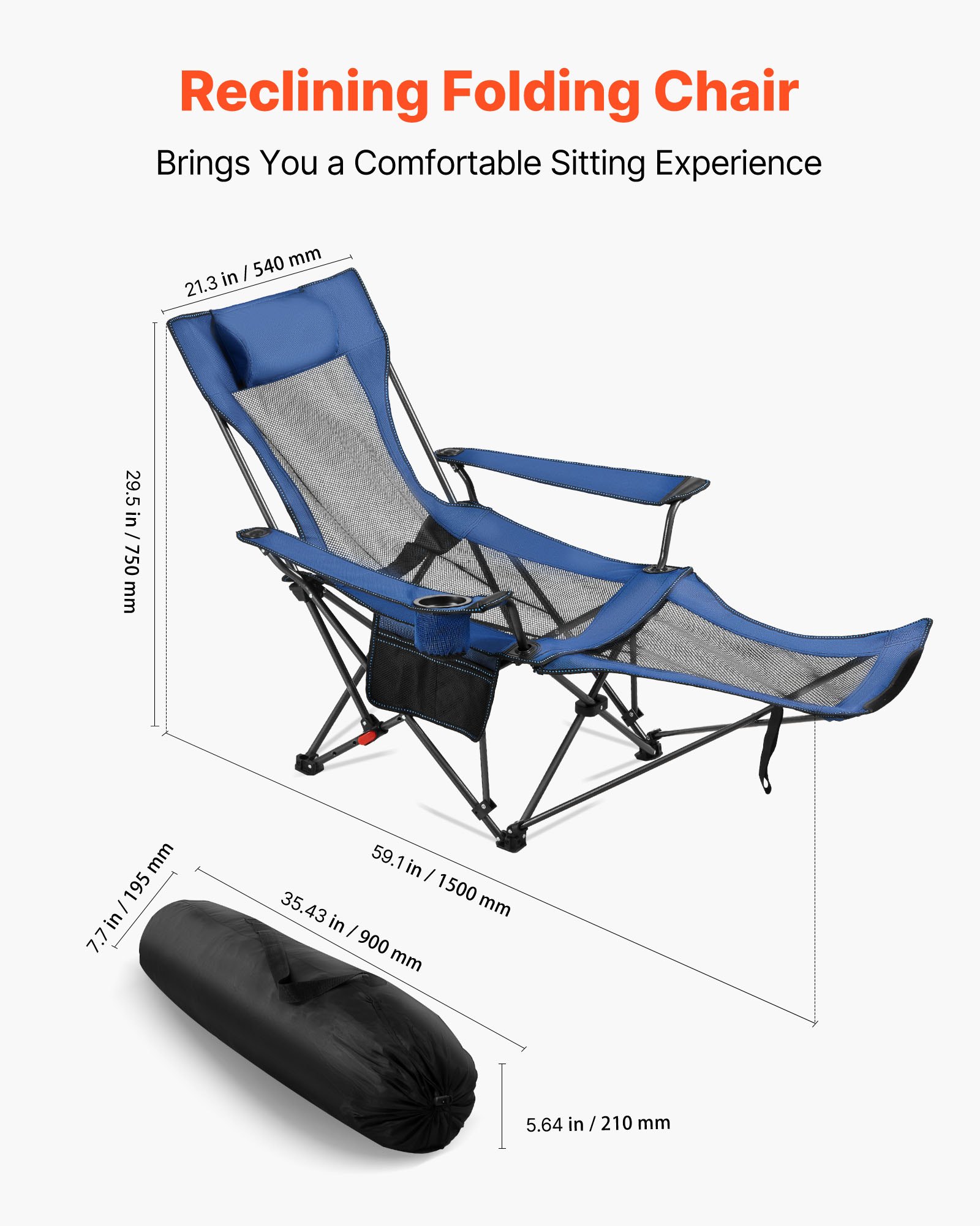 VEVOR Reclining Camping Chair, 4 Adjustable Positions, Portable Folding Lounger for Adults, Mesh Beach Chair with Headrest & Foot Rest, Supports 220 lbs, Heavy Duty Camp Chairs for Patio, Blue