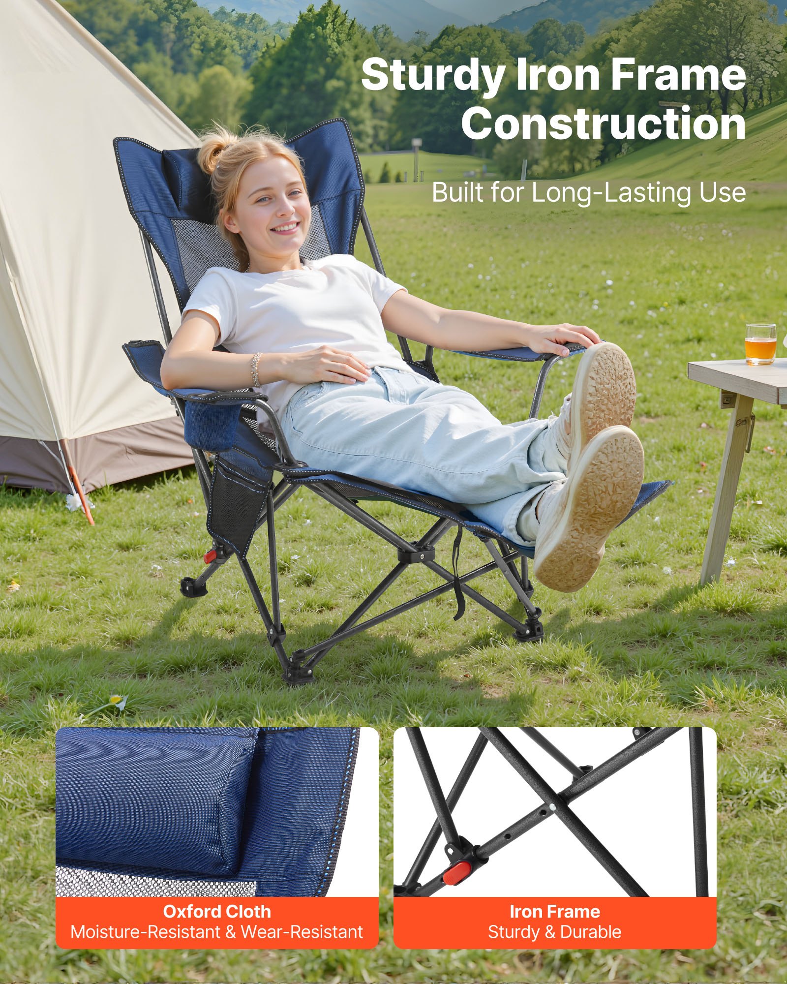 VEVOR Reclining Camping Chair, 4 Adjustable Positions, Portable Folding Lounger for Adults, Mesh Beach Chair with Headrest & Foot Rest, Supports 220 lbs, Heavy Duty Camp Chairs for Patio, Blue