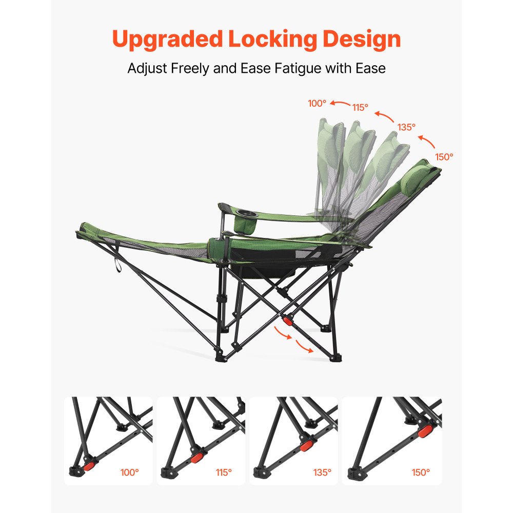 VEVOR Reclining Camping Chair, 4 Adjustable Positions, Portable Folding Lounger for Adults, Mesh Beach Chair with Headrest & Foot Rest, Supports 220 lbs, Heavy Duty Camp Chairs for Patio, Green
