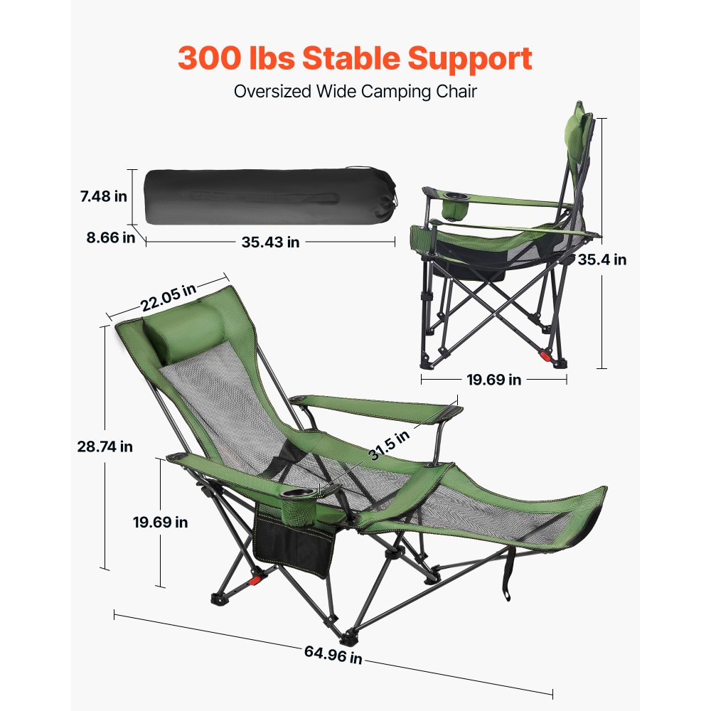VEVOR Reclining Camping Chair, 4 Adjustable Positions, Portable Folding Lounger for Adults, Mesh Beach Chair with Headrest & Foot Rest, Supports 220 lbs, Heavy Duty Camp Chairs for Patio, Green